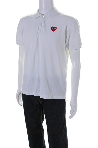 Play Comme Des Garcons Mens Short Sleeve Heart Logo Polo Shirt White Size Large