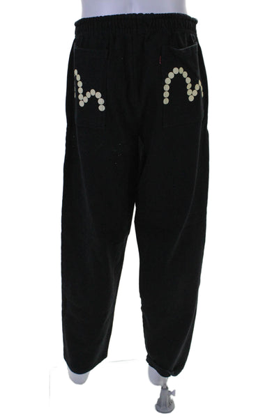 Evisu Mens Elastic Waistband Straight Leg Knit Sweatpants Black Cotton Size 38