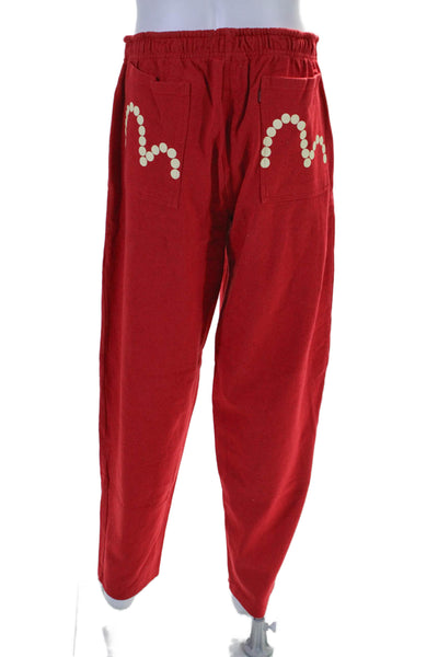 Evisu Mens Elastic Waistband Straight Leg Knit Sweatpants Red Cotton Size 38