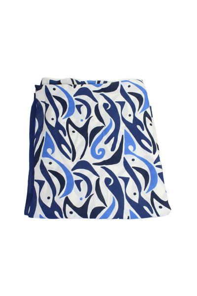 Matteau Womens Abstract Print Light Weight Tie Neck Scarf White Navy Blue