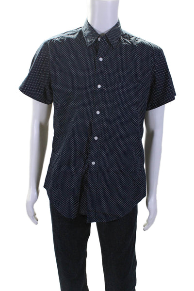 J Crew Mens Button Front Short Sleeve Collared Polo Shirt Navy White Size Medium