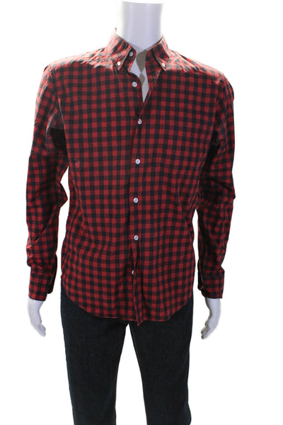 J Crew Mens Button Front Collared Gingham Shirt Red Black Cotton Size Medium