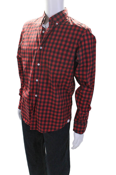 J Crew Mens Button Front Collared Gingham Shirt Red Black Cotton Size Medium