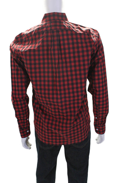 J Crew Mens Button Front Collared Gingham Shirt Red Black Cotton Size Medium