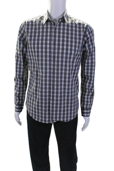 Theory Mens Button Front Collared Long Sleeve Plaid Shirt White Black Medium