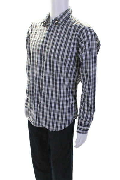 Theory Mens Button Front Collared Long Sleeve Plaid Shirt White Black Medium