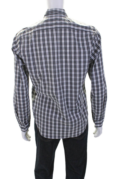 Theory Mens Button Front Collared Long Sleeve Plaid Shirt White Black Medium