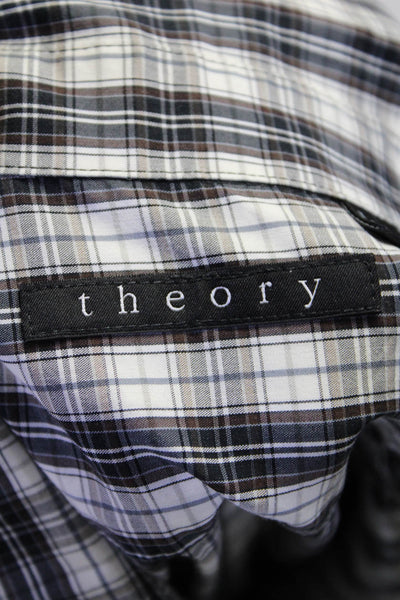 Theory Mens Button Front Collared Long Sleeve Plaid Shirt White Black Medium