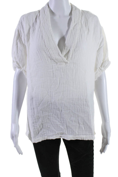 Xirena Womens Cotton Textured V-Neck Short Sleeve Blouse Top White Size L