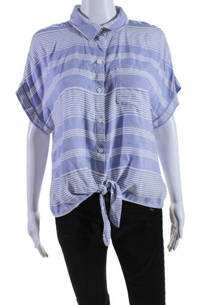 Beach Lunch Lounge Womens Striped Print Buttoned Collared Tied Top Blue Size M