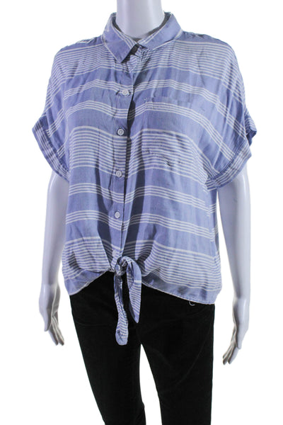 Beach Lunch Lounge Womens Striped Print Buttoned Collared Tied Top Blue Size M