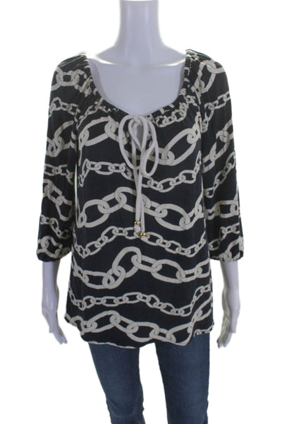 Milly Of New York Womens Navy Printed Scoop Neck Tie Front Blouse Top Size S