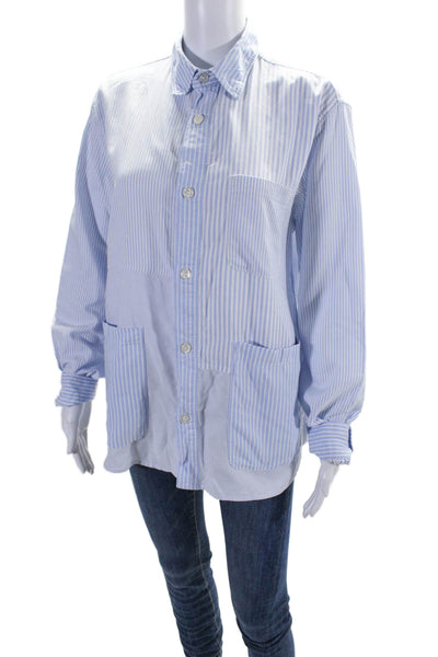 OFFICINE GENERALE Womens Cotton Striped Collar Button Up Blouse Top Blue Size S