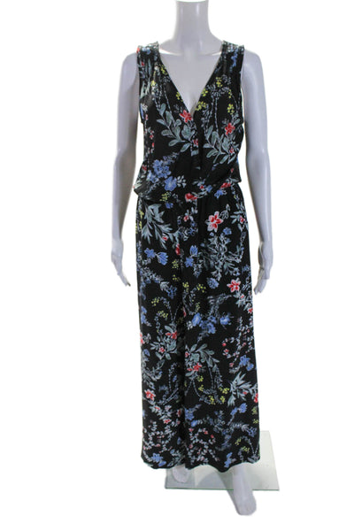 Parker Womens Silk Black Floral V-Neck Sleeveless Wide Leg Jumpsuit Size S