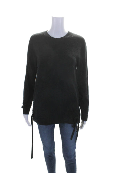 Aqua Cashmere Womens Cashmere Black Crew Neck Lace Up Pullover Sweater Top SizeM