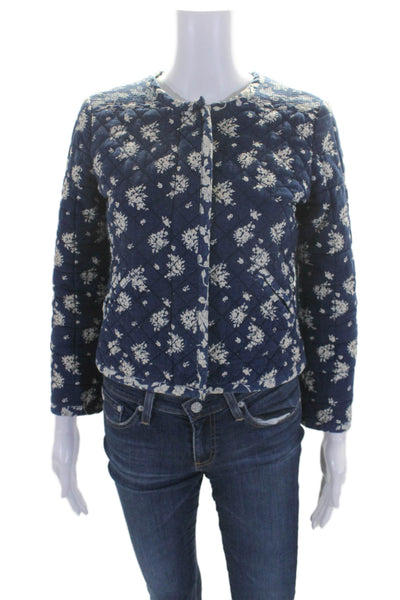 J Crew Womens Cotton Floral Print Quilted Round Neck Zip Up Jacket Navy Size 2