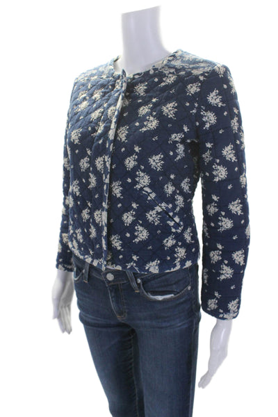 J Crew Womens Cotton Floral Print Quilted Round Neck Zip Up Jacket Navy Size 2