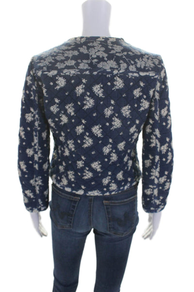 J Crew Womens Cotton Floral Print Quilted Round Neck Zip Up Jacket Navy Size 2