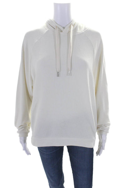 Andrew Marc Womens Drawstring Soft Ribbed Knit Hoodie Sweater White Small