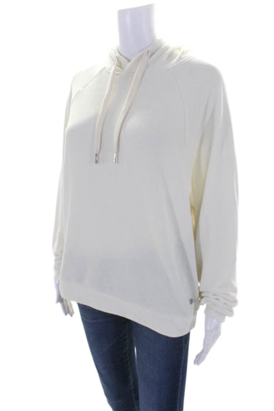 Andrew Marc Womens Drawstring Soft Ribbed Knit Hoodie Sweater White Small