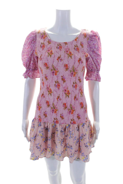 Love Shack Fancy Womens Cotton Floral Smocked Bodycon Dress Pink Size M