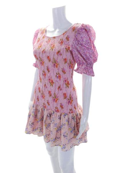 Love Shack Fancy Womens Cotton Floral Smocked Bodycon Dress Pink Size M