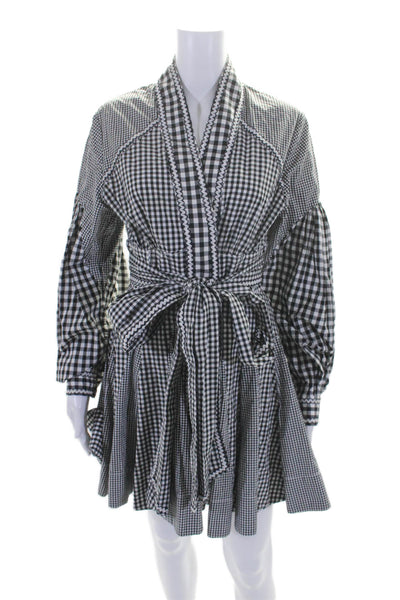 Acler Womens Gingham Long Sleeve V Neck Tie Waist A Line Dress Black Size 4