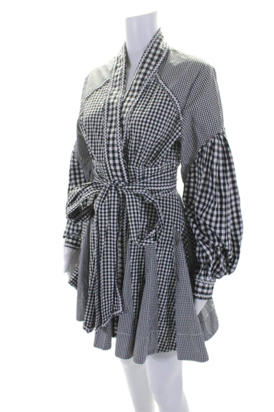 Acler Womens Gingham Long Sleeve V Neck Tie Waist A Line Dress Black Size 4