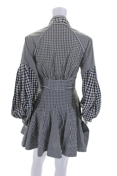 Acler Womens Gingham Long Sleeve V Neck Tie Waist A Line Dress Black Size 4