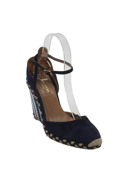 Aquazzura Womens Suede Woven Braided Trim Ankle Strap Wedges Blue Size 7.5