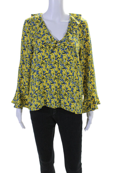 Tanya Taylor Women's V-Neck Ruffle Long Sleeves Silk Floral Blouse Size 6