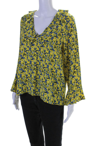 Tanya Taylor Women's V-Neck Ruffle Long Sleeves Silk Floral Blouse Size 6