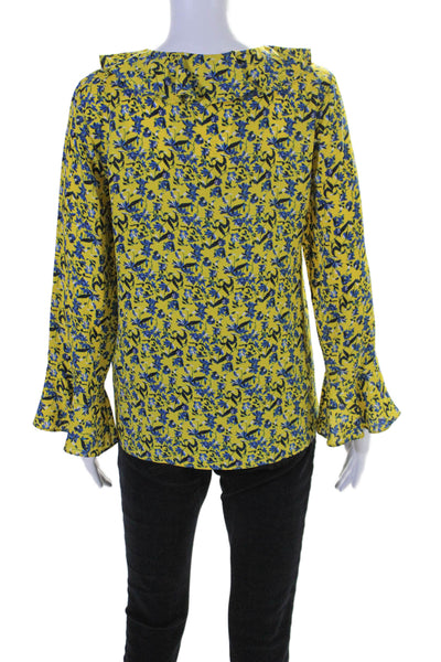 Tanya Taylor Women's V-Neck Ruffle Long Sleeves Silk Floral Blouse Size 6