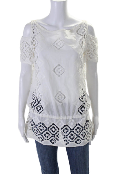 Anne Fontaine Womens Crochet Short Sleeves Blouse White Cotton Size EUR 38