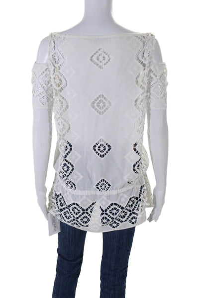 Anne Fontaine Womens Crochet Short Sleeves Blouse White Cotton Size EUR 38