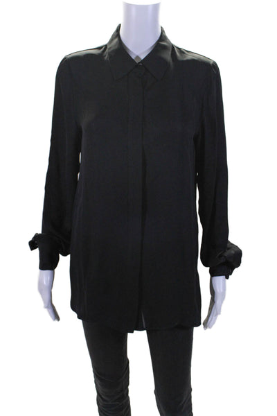 Vince Womens Silk Sheer Black Collar Long Sleeve Button Down Shirt Size 8