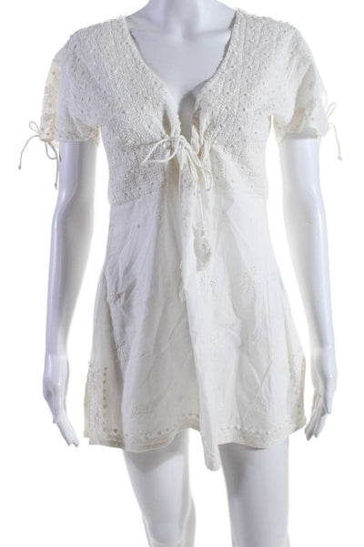 Letarte Handmade Womens Short Sleeve Embroidered Swim Coverup White Size M/L