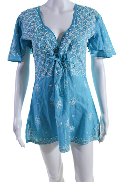 Letarte Womens Cotton Embroidered Short Sleeve V Neck Coverup Blue Size S/M