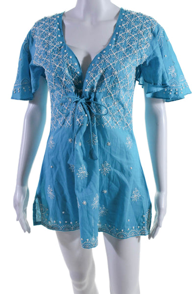 Letarte Womens Cotton Embroidered Short Sleeve V Neck Coverup Blue Size S/M