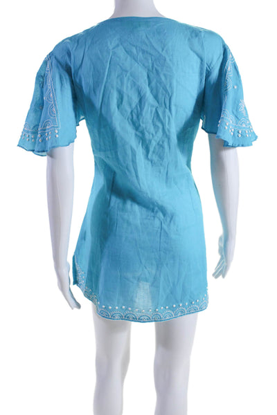 Letarte Womens Cotton Embroidered Short Sleeve V Neck Coverup Blue Size S/M