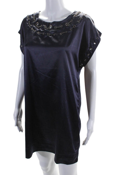 Ya Los Angeles Women's Round Neck Short Sleeves Embellish Mini Dress Blue Size L