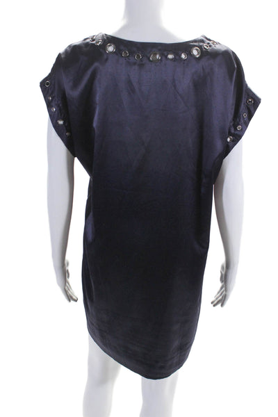 Ya Los Angeles Women's Round Neck Short Sleeves Embellish Mini Dress Blue Size L