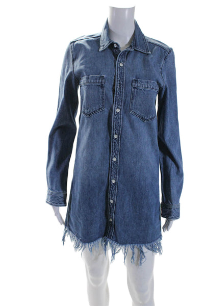 3x1 NYC Womens Button Front Collared Fringe Denim Shirt Dress Blue Size XS