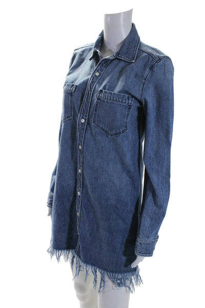 3x1 NYC Womens Button Front Collared Fringe Denim Shirt Dress Blue Size XS