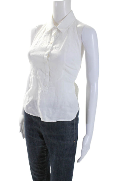 Marissa Webb Womens Linen Backless Cropped Sleeveless Button Up Top White Size M