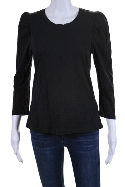 A.L.C. Womens Cotton Black Crew Neck Puff Long Sleeve Blouse Top Size S