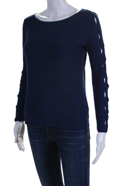 Ramy Brook Womens Long Sleeve Ribbed Laced Up Trim Blouse Blue Size M