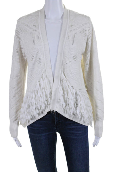 Kobi Halperin Womens Open Front Fringe Trim Open Knit Cardigan White Size S