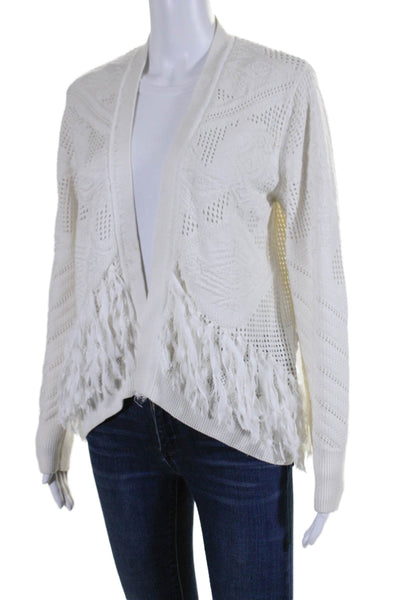 Kobi Halperin Womens Open Front Fringe Trim Open Knit Cardigan White Size S