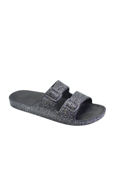 Freedom Moses Womens Double Strap Buckle Slide On Sandals Black Metallic Size 40